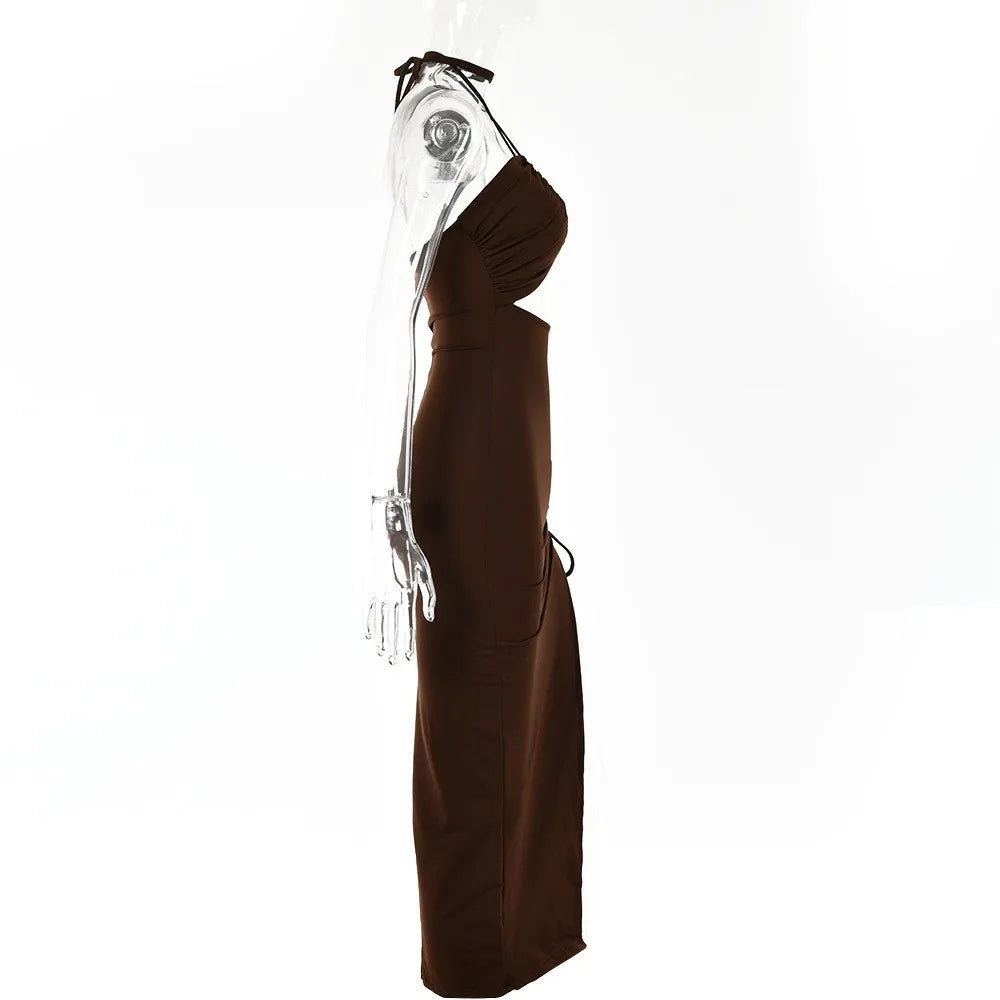 Summer Woman Dress Halter Neck Sleeveless High Waist Slit Maxi Dress Ruched Side Backless Elegant Party Evening Black for