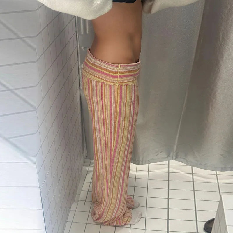 Color Vertical Stripe Women's Wide Leg Pants Folded Wide Waistband Side Thin Drawstring Tie Relaxed Drape Length Casual Pants