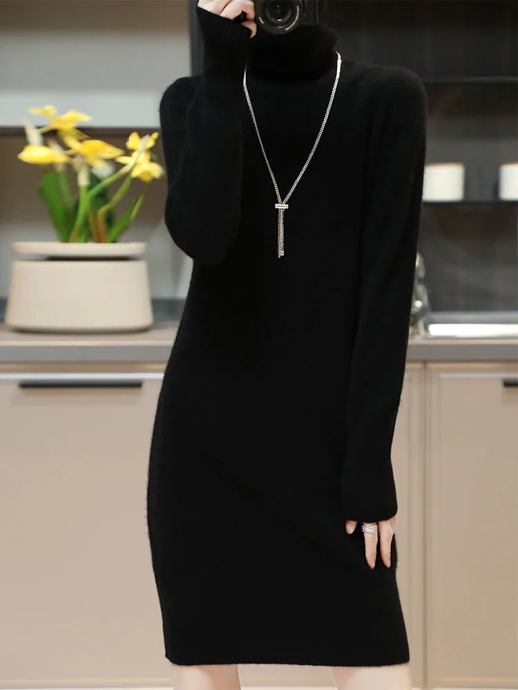 Elegant Cashmere Sweater Womens Dresses 100% Merino Wool Autumn Winter Turtleneck Knitted Dress Female Casual Long-Sleeve Skirts