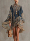 2026 New European and American Turtleneck Printed Chiffon Dress Loose Vacation Style Shawl Long-Sleeved Women's Dress