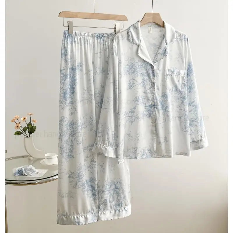 Women's Pajamas Sets Spring Autumn 2 Piece Print Leaves Pyjama Faux Silk Satin Sleepwear Long Sleeve Pijama Mujer Pjs Homewear