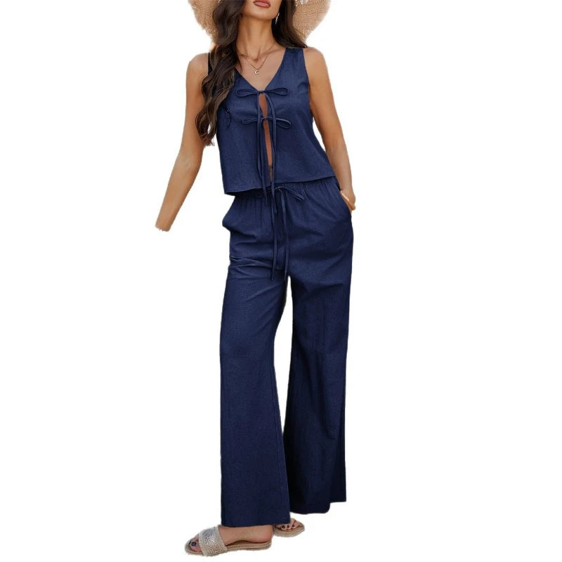 2026 Spring/Summer Casual Vacation Style Solid Color Sleeveless Lace up Top and Wide Leg Long Pants Two-piece Set