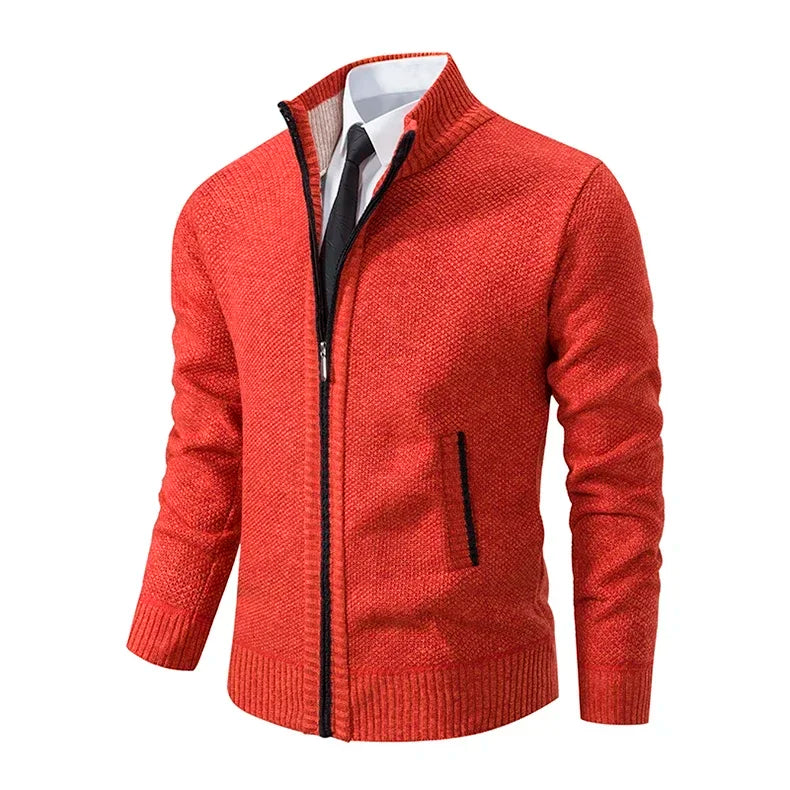 2025 Autumn and Winter New Jersey Men's Casual Sports Coat Solid Color Stand Collar Sweater Grab Fleece Warm Zipper Cardigan