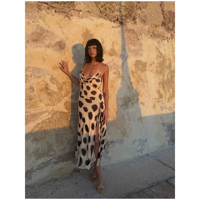Trendy Slip Dress Animal Print V-neck Ruched Drawstring Sexy Maxi Women Dresses Beach Vacation Stylish Retro Summer Party Outfit