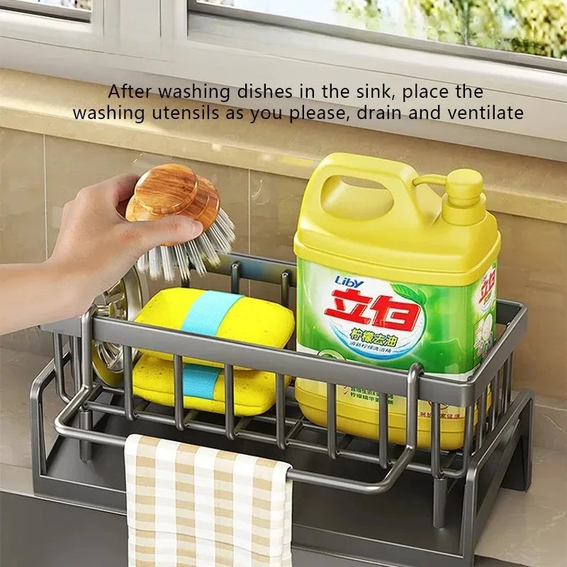 Stainless Steel Kitchen Sink Organizer | Sponge & Soap Storage | Faucet Holder & Towel Rack | Drain Rack with Shelf | Kitchen Ac