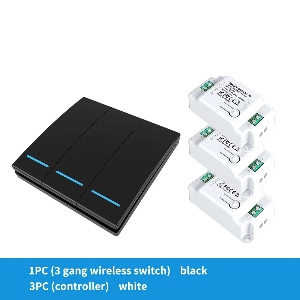 Long Distance Smart Tuya Wifi Wireless Switch Black And  White 1/2/3gang RF433 Remote Control Light Switch CR2032 Power Supply