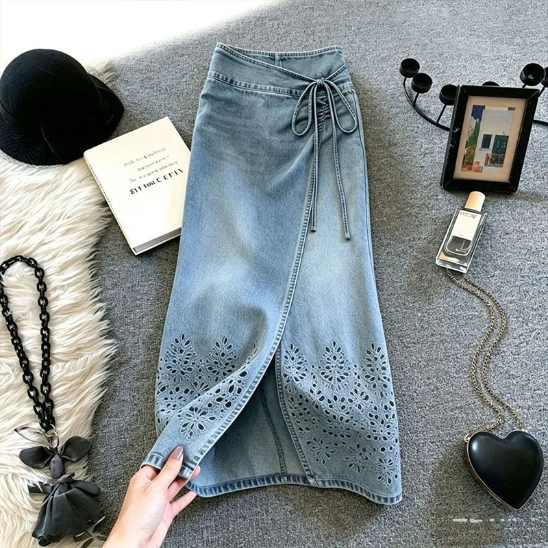 Side Slit Denim Long Skirts Womens Summer Vintage Floral Embroidery Jeans Pencil Skirt Bandage High Waist Women Long Skirt