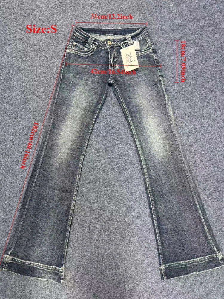 y2k Vintage Women Jeans Low Waist Zipper Button Solid Trousers with Pockets Aesthetic Streetwear Washed Jeans