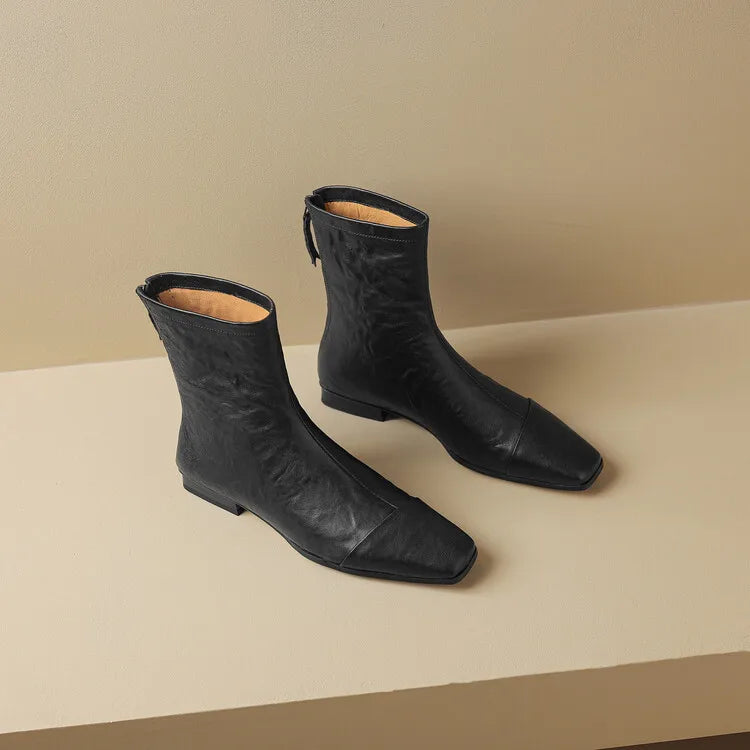 NEW Autumn/Winter Women Boots Square Toe Low Heel Shoes Genuine Leather Shoes for Women Concise Zipper Short Boots Modern Boots