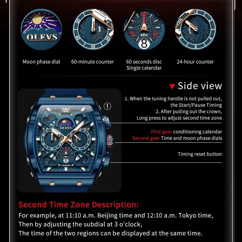 OLEVS 2942 Men Watch Automatic Calendar Waterproof Luminous Moonphase Watch Top Brand Tonneau Large Dial Hollow Men Quartz Watch