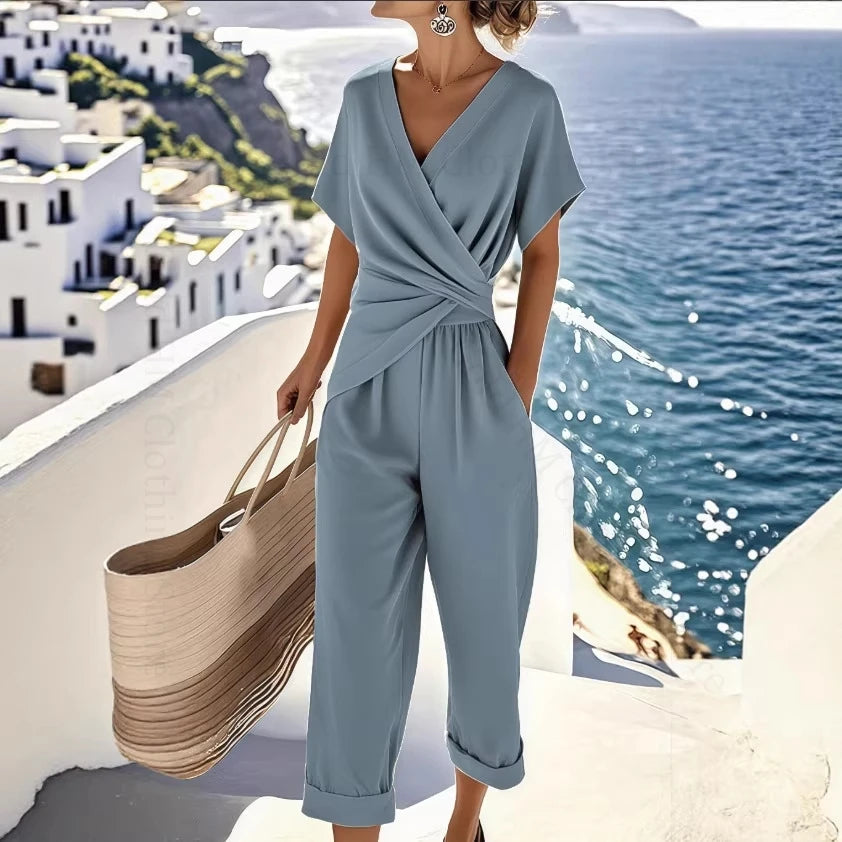 Summer Fashion Solid Women's Two Pieces Set Elegant V Neck Slim Office Suit Casual Pleated Irregular Top And Pants Female Outfit