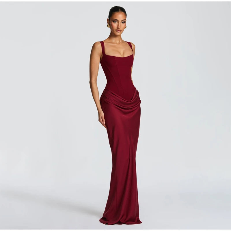 Ruched Waist Satin Long Dress Solid Bodycon Sleeveless Cowl Neck Fishtail Women Dresses 2026 Summer Lady Formal Evening Gowns