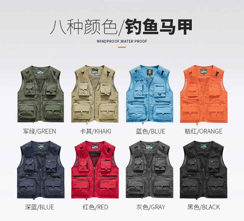 Mesh Men's Fishing Vest Multi Zip Pocket Hiking Waistcoat Male Light Thin Outdoor Sleeveless Jacket Work Summer Travel Plus Size