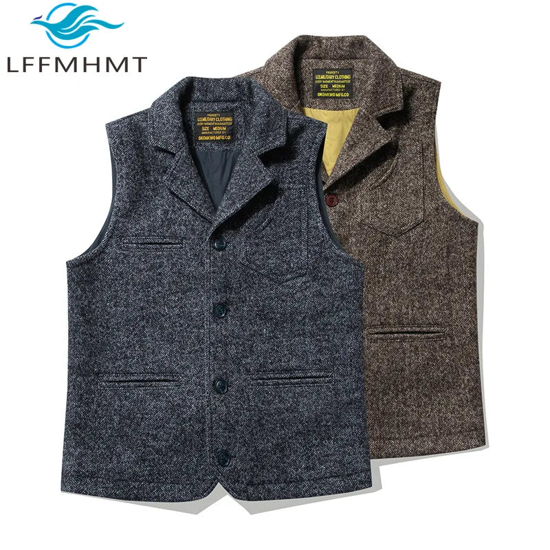 Good Quality Winter Fashion Men's Retro British Tweed Wool Vest Thick Double-Layer Multi-Pocket Suit-Collar Vest Warmth Top Male