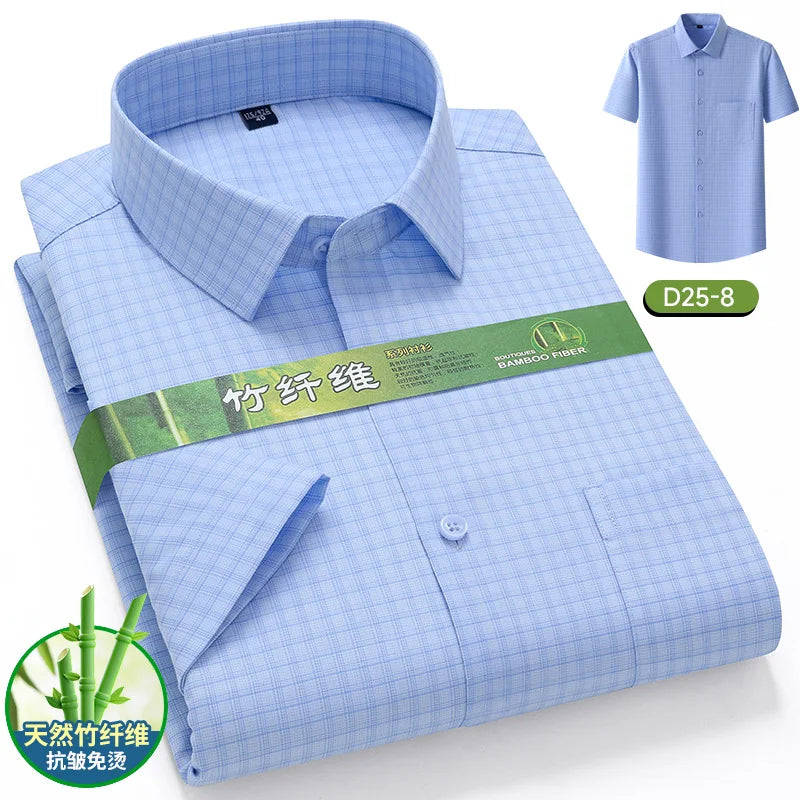 Men's Summer Bamboo Fiber Shirt Short Sleeve Lightweight Casual Breathable Soft Fabric Easy Care Slim Fit Business Casual Wear