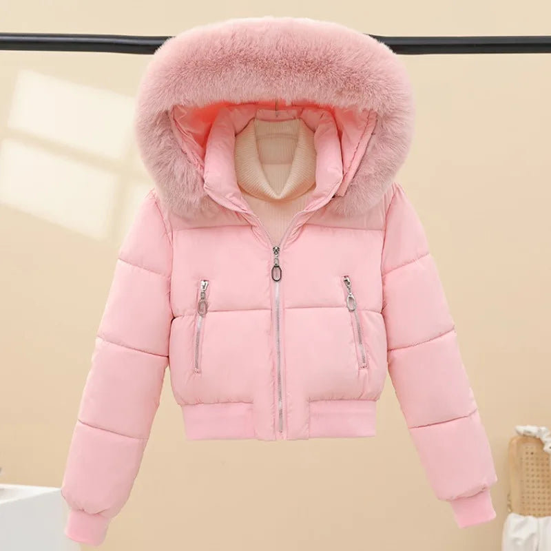 2025 Winter New Short Cotton Jackets Long Sleeve Loose Short Women's Parka Coats Hooded Big Fur Collar Down Cotton Padded Coats