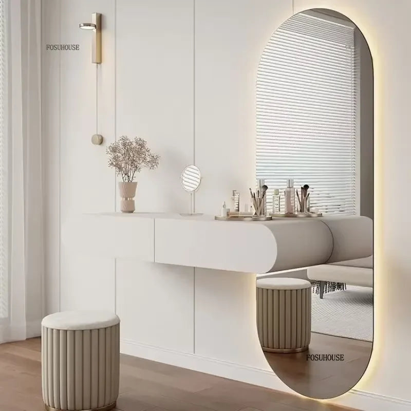 Cream Minimalist Wall Mounted Dressing Table with Mirror for Bedroom Furniture Suspended Vanity Set for Modern Home Decor