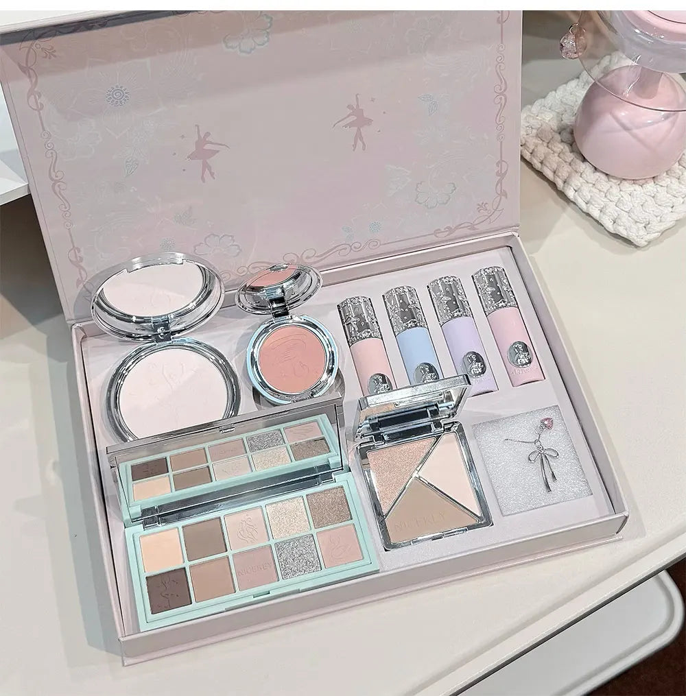 NICEKEY Multipurpose Makeup Sets Include 4 Lip Mud,1 Blush,1 Pressed Powder,1 Eyes Palette,1 Contour Palette With Necklace Gift
