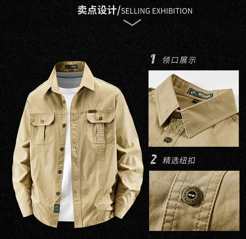 Business Military Shirts Men Tactics Long Sleeve Spring Autumn 100% Cotton Vintage Multi-pocket Cargo Shirts Menswear Clothing