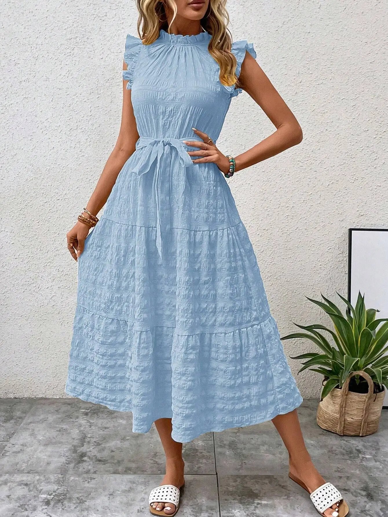 Elegant Women's Summer New Fashion Wooden Ear Edge Flying Sleeve Lace Up Texture Dress Purple  Sleeveless Lace Up Long Dresses
