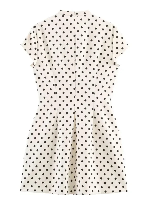 Elegant Lace-up Polka Dot Mini Dress Lady Chic Short-sleeved Waist Cinching Slim A-line Vestidos 2026 Women Evening Party Gowns