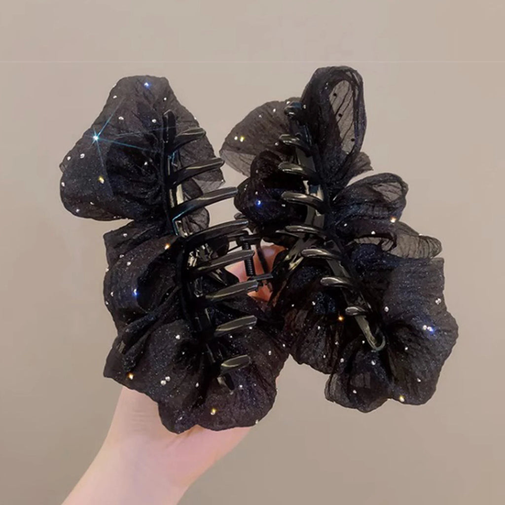 Glitter Rhinestones Hair Claw Clip Double Sided Mesh Bow Hair Clip Creative Large Shark Clip For Women Hair Styling Decorative