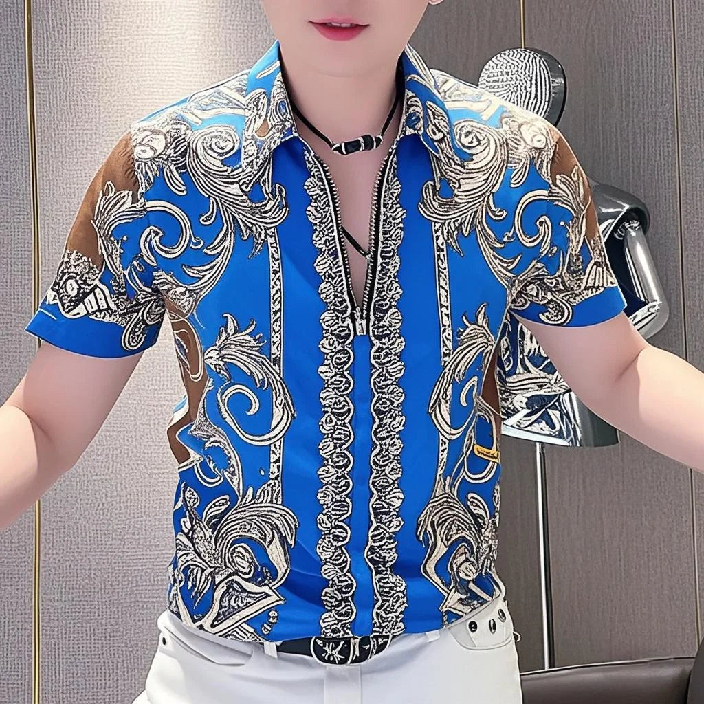 Men Baroque Print Short Sleeve Shirt With Zipper Design Retro Royal Style