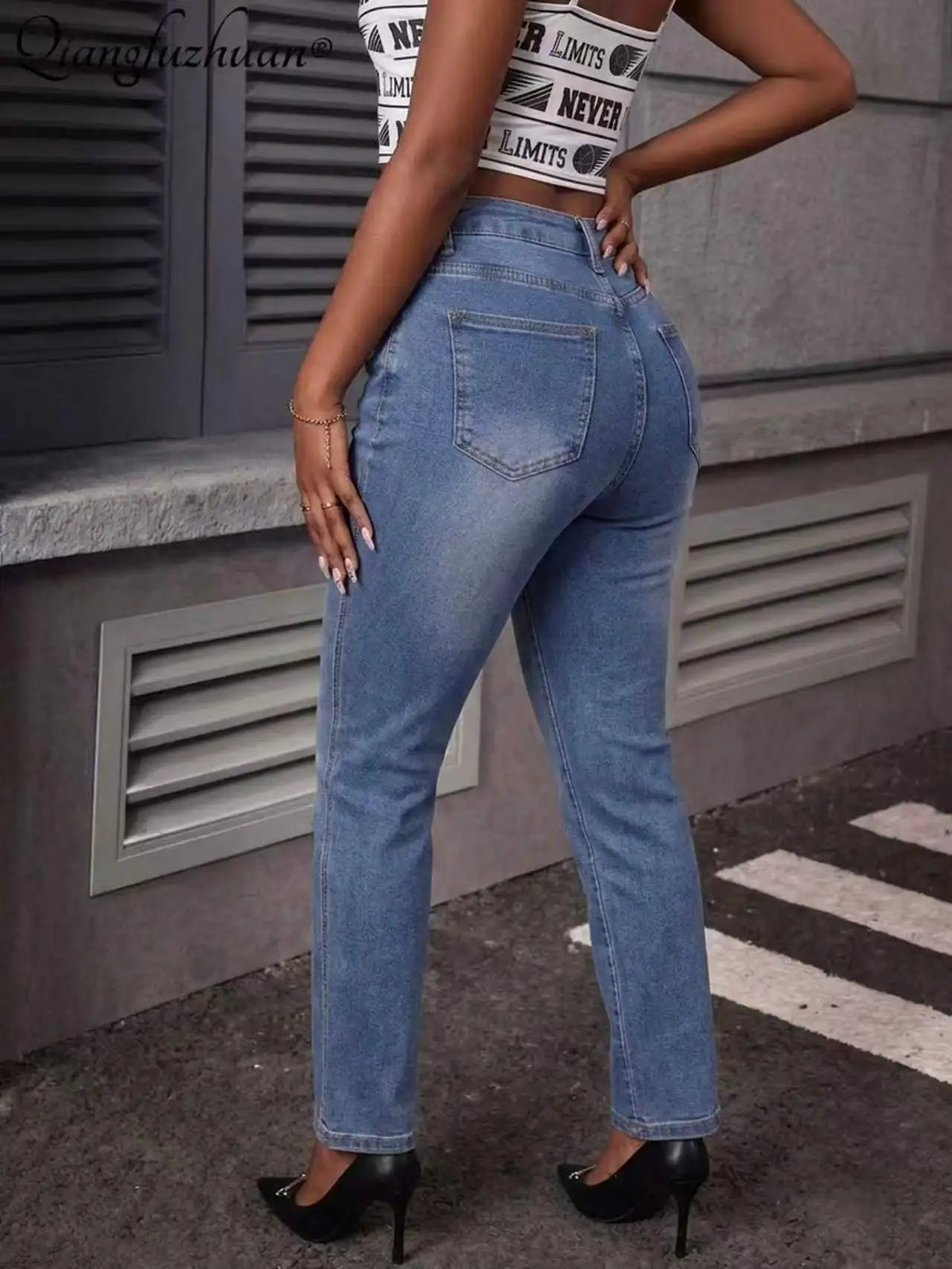 Design-inspired blended washed blue jeans for women - flattering for all leg shapes, stylish straight-leg long pants