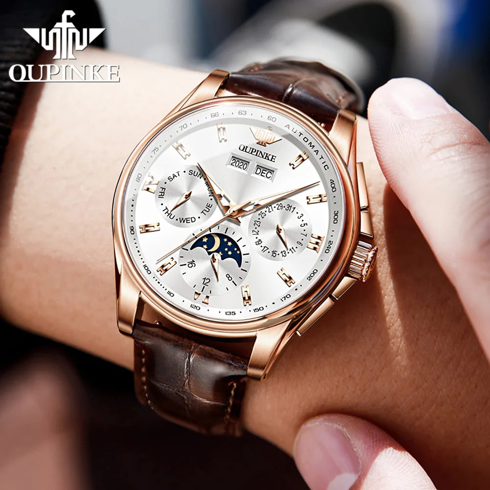 OUPINKE Top Men's Automatic Mechanical Wrist Watch Leather Strap Luxury Business Multi functional Lunar Phase Dial Reloj Hombre