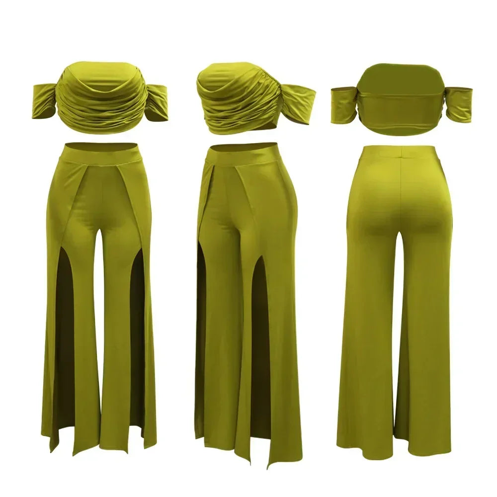 Women's Set Short Sleeve Slash Neck Ruched Tops and Wide Leg split Pants 2025 Street Two 2 Piece Sets Outfit Tracksuits