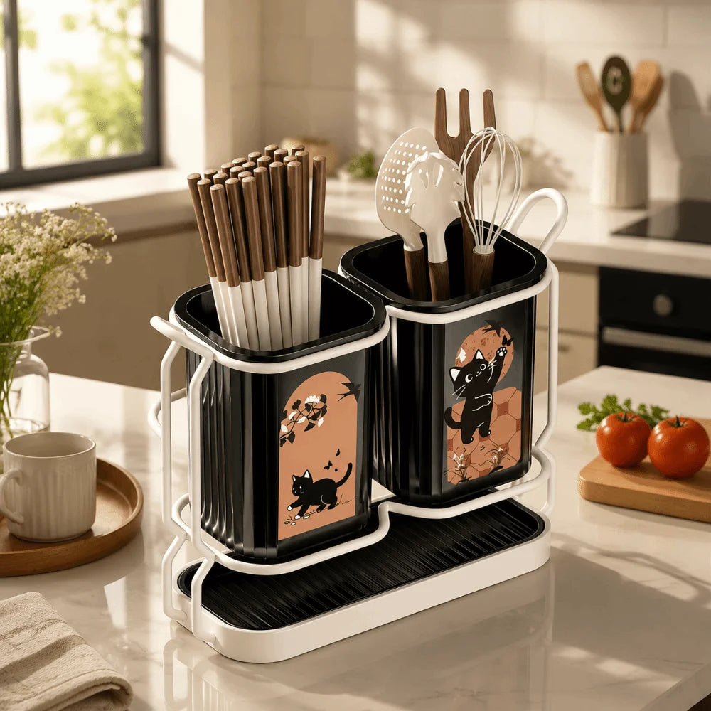 Cute Cat Kitchen Storage Basket Durable Standing Chopsticks Holder Organizer No-drill Tableware Drainer Kitchen