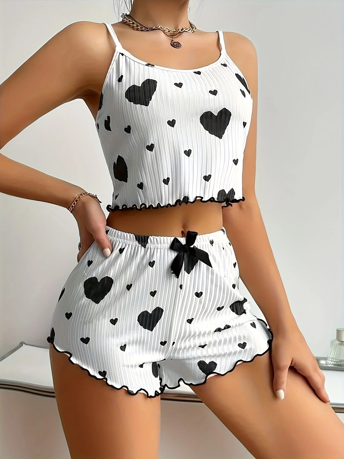 Women 2 Pieces Pajamas Set Homewear Heart Print Underwear Pijamas Sexy Lingerie Camisoles Shorts Sets Nighty Sleepwear