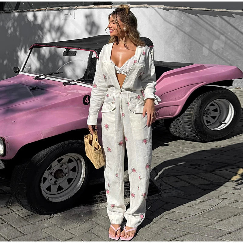 Elegant Print Women's Jumpsuits Fashion Long Sleeve V-neck Zippers Female Overalls 2026 Summer Autumn All-match Lady Outfit