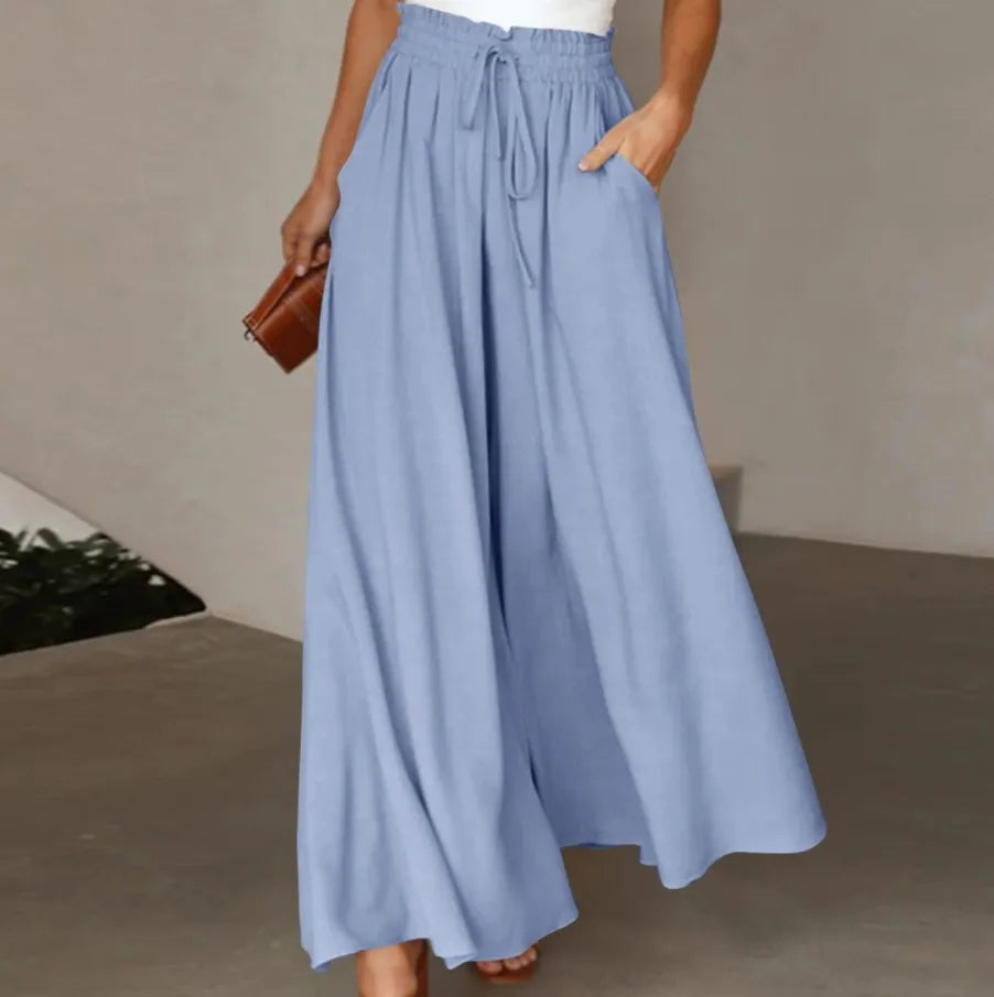 Summer Women Elastic High Waist Drawstring Solid Wide Leg Pants Loose Casual Flowy Pocket Trousers Female Daily Beach Long Pants