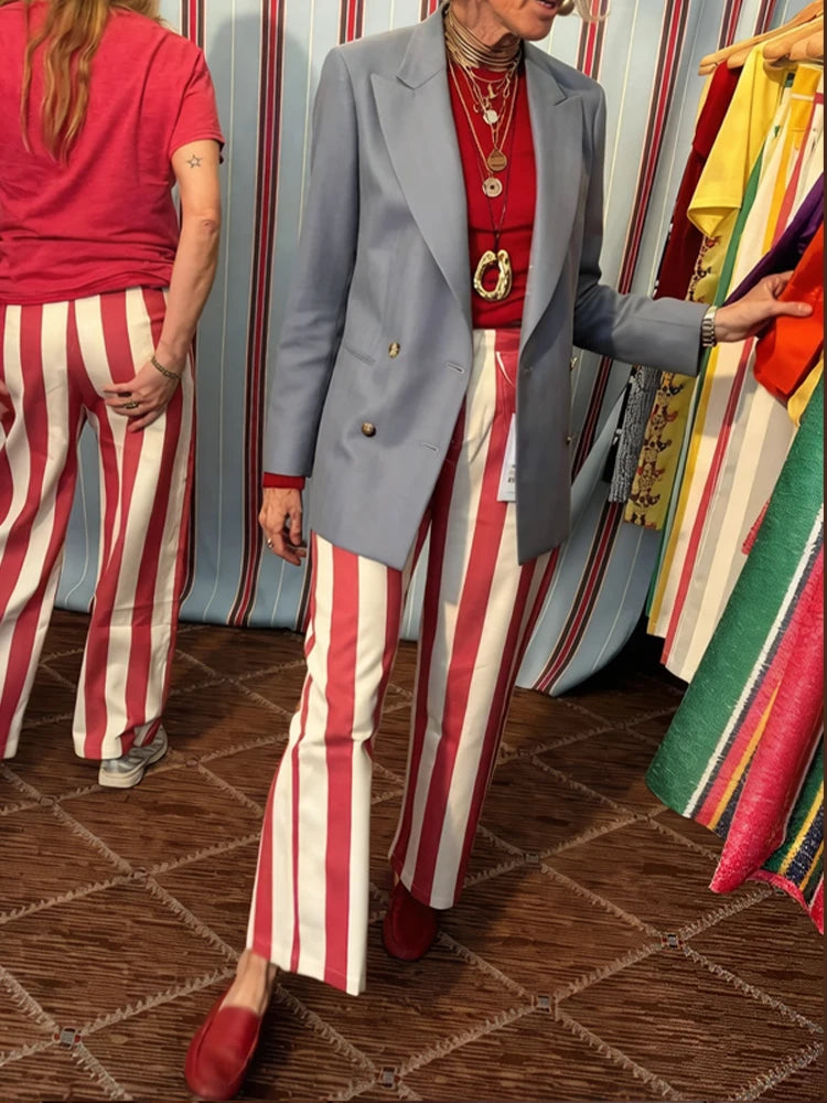 Striped Zipper High-Waisted Trousers Slim Fit Flare Leg Double Pocket 2026 Summer Casual Women Bottom Fashion Chic Lady Pants