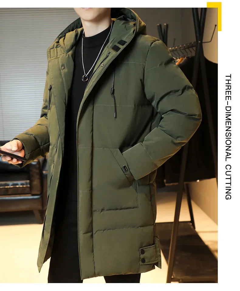 2023 Warm Hooded Mid-length Jacket Mens Casual Zip Up Cotton Padded Jacket Overcoat Autumn Winter Windbreaker Coats Men Clothing