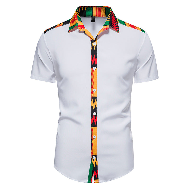 African Ankara Kente Print Shirt Short Sleeves Summer Men's Fashion Patchwork Button Up Traditional Dashiki Casual Tops