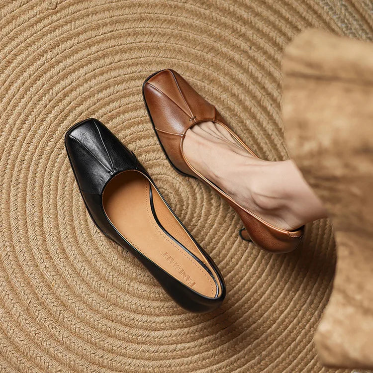 NEW Spring/Autumn Women Pumps Genuine Leather Shoes for Women Square Toe Thin Heel Shoes Concise Shallow High Heel Pleated Shoes