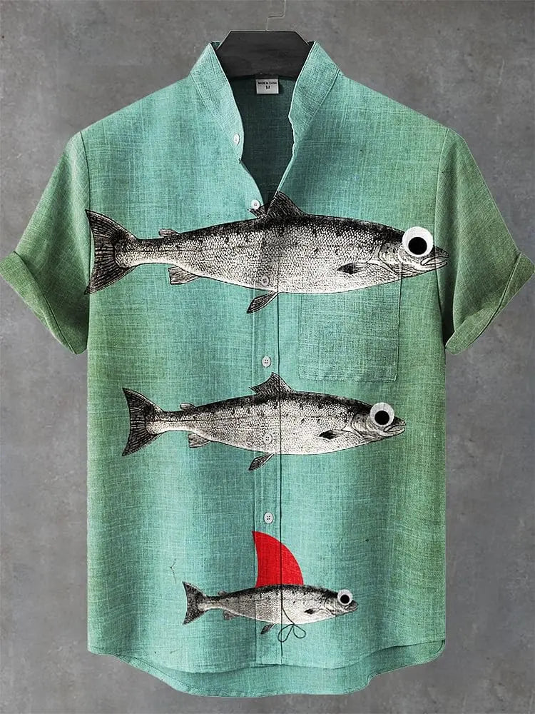Men's Summer Casual Art Fish Pattern Printed Linen Short Sleeved Shirt, Comfortable And Fashionable Button Up Men's Top