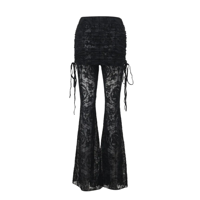 AltGoth Gothic Dark Flocking Pants Women Streetwear Aesthetic Emo Alt Grunge See Through Lace-up High Waist Flare Pants Female