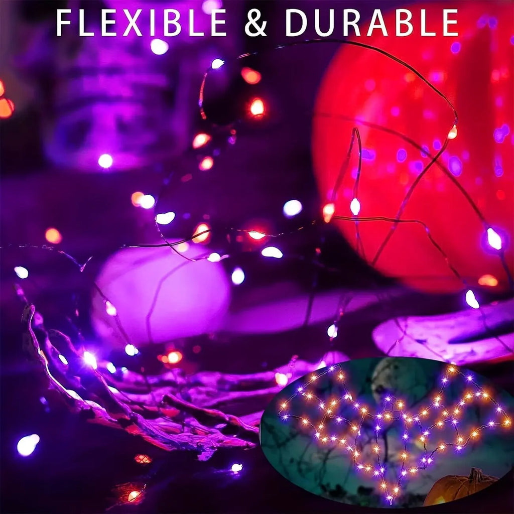 45.93ft 120LED Halloween Purple Orange LED Solar Fairy Lights Outdoor Waterproof Hanging Garden Light Fence Terrace Porch Decor