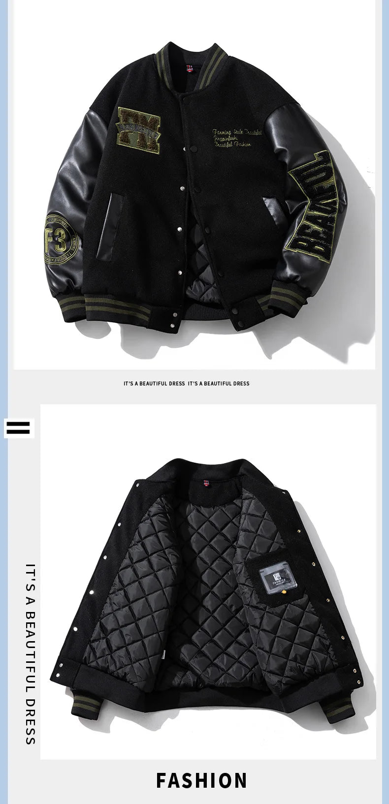 Vintage Letter Embroidered Baseball Jacket Cotton Coat Men's Winter Leather Sleeve Patchwork Woolen Thicken Overcoat