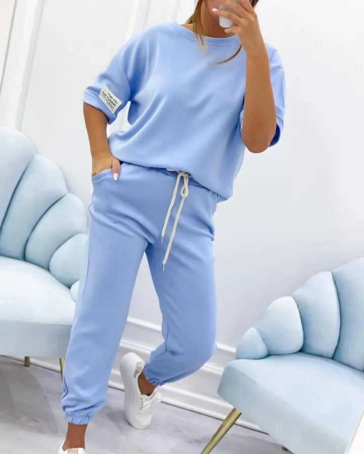Fashion O Neck Short Sleeve Solid Color T-shirt Women Trousers 2-piece Set Summer Casual Sports Elastic Small Feet Trousers Suit