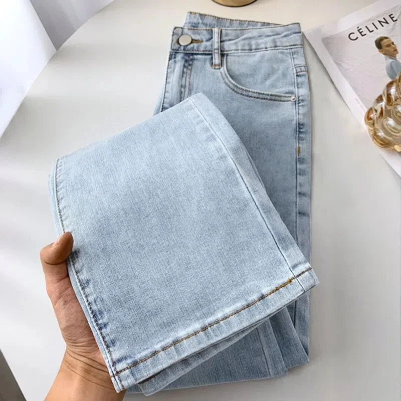 Women's High Waist Straight Jeans Spring Vintage Casual Ankle-length Denim Pants Korean Pantalones Streetwear Stretch Vaqueros