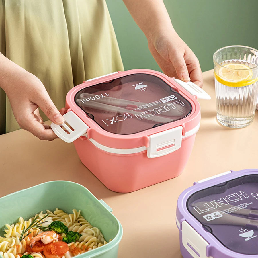 Double Stackable Lunch Box, 50 oz. Large Salad Bowl, 4 Compartment Tray, 3 oz. Sauce Container, Built-In Reusable Fork & Spoon