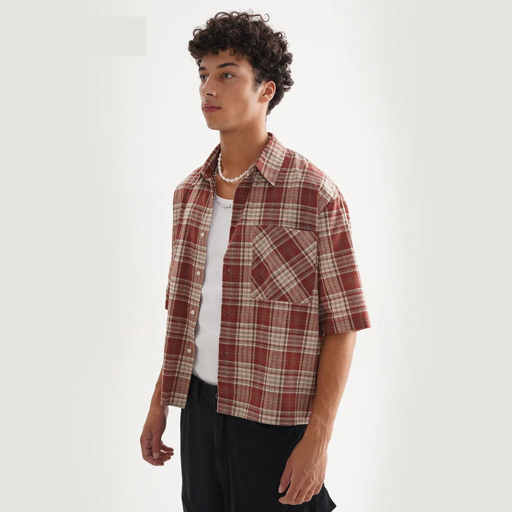 Mens 100% Cotton Short Sleeve Cropped Plaid Shirt for Summer Boxy Fit Button Up Custom Flannel Fashion Street Clothes Unisex