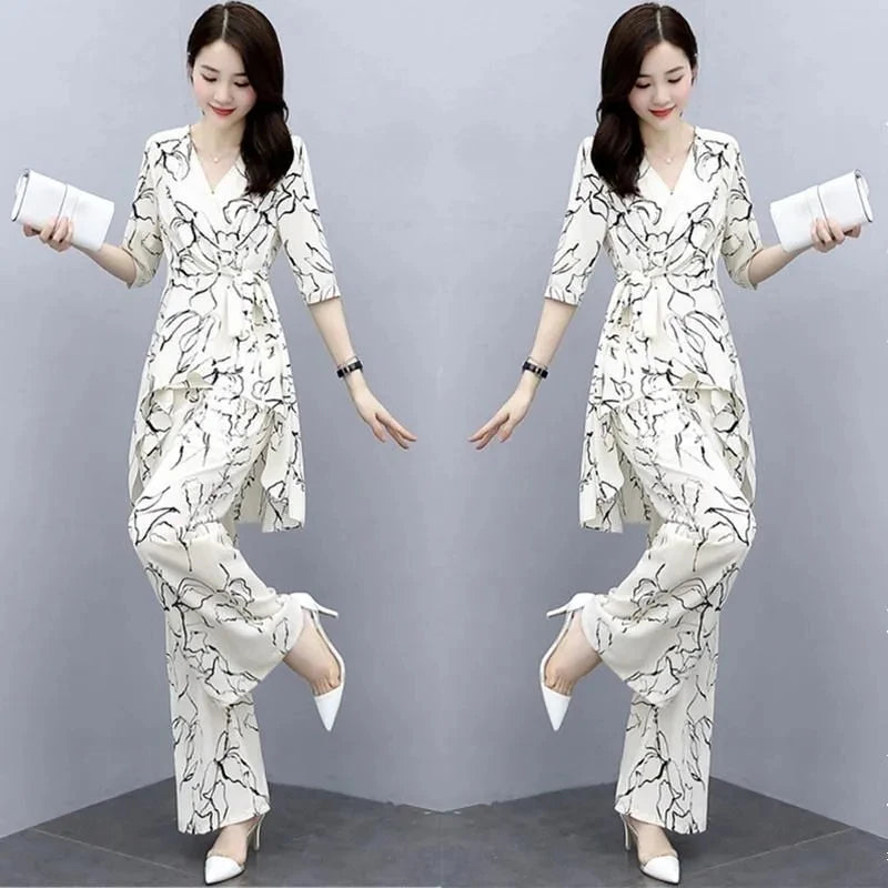 2 Piece Set Women Casual Fashion Printing Pants Suit Short Sleeve Tops +Wide Leg Pants 2 Piece Outfits Women White Set Summer4XL