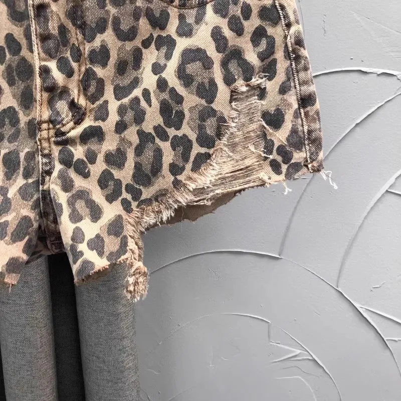Personalized Leopard Print High Waist Denim Shorts Women's Summer Fashion A Word Rough Edge Wide Leg Jeans Hot Pants