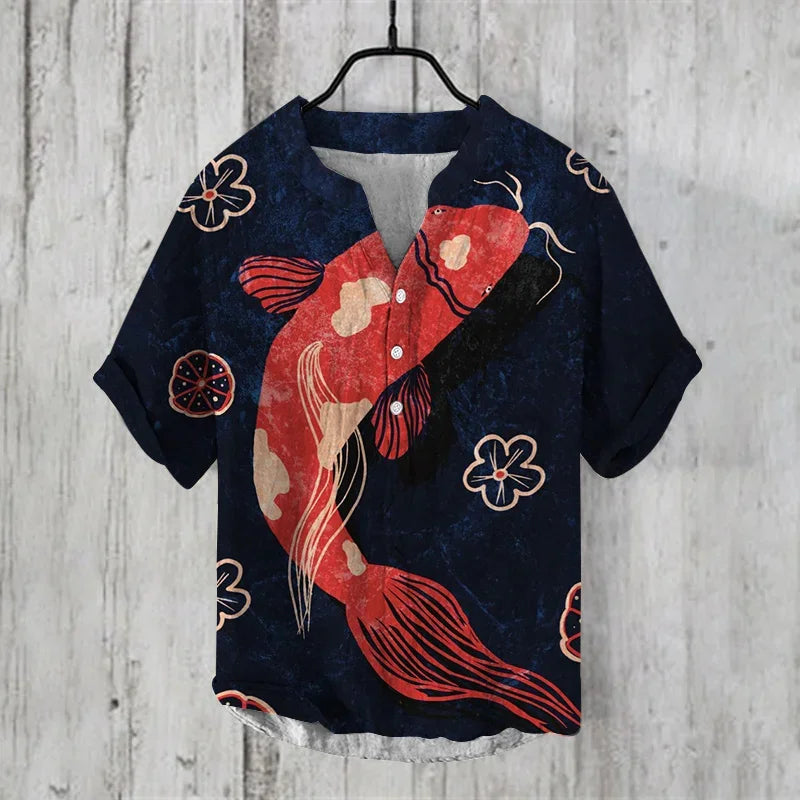 Hot sale Henry shirt 2025 summer men's casual short-sleeved T-shirt floral print top linen blend comfortable fabric XS-6XL size