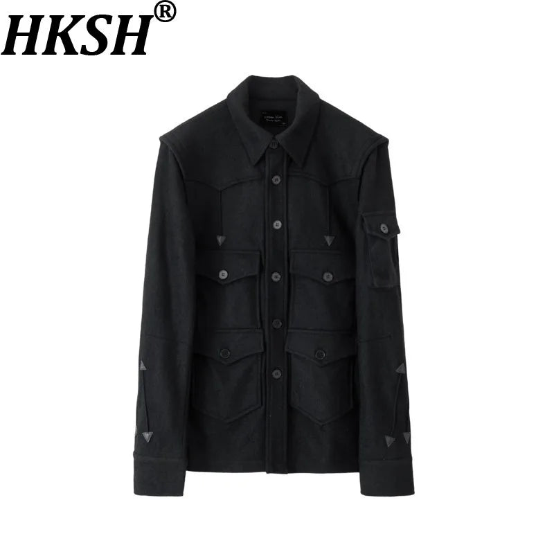 HKSH Spring Autumn Men's Tide Dark Punk Wool Deconstructed Leather Patchwork Jacket Fashion Vibe Vintage Y2K Gothic Coat HK27230